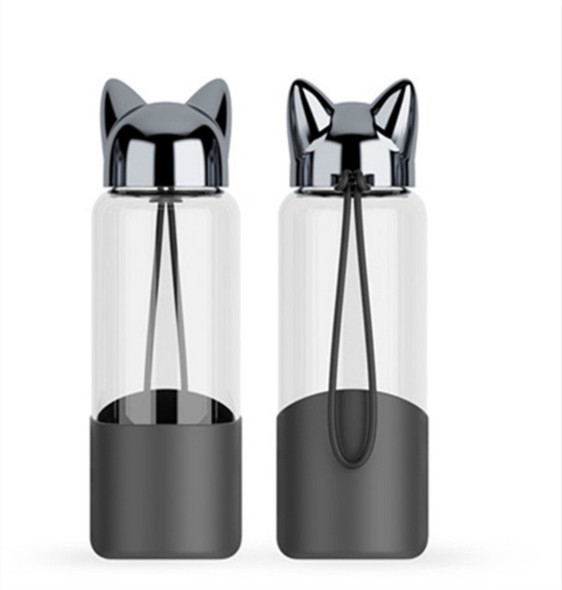 350ml Creative Fox Shape Water Bottle with Rope Cute Cartoon Portable Outdoor Glass Drinking Bottles(Black)