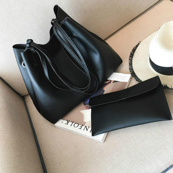 2 in 1 Soft Leather Women Bag Set Luxury Fashion Design Shoulder Bags Big Casual Bags Handbag(Black)