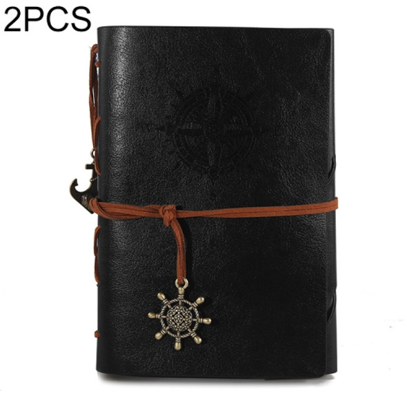 2 PCS Spiral Notebook Diary Notepad Vintage Pirate Anchors PU Leather Stationery Gift Traveler Journal, Paper Size:S(Black)