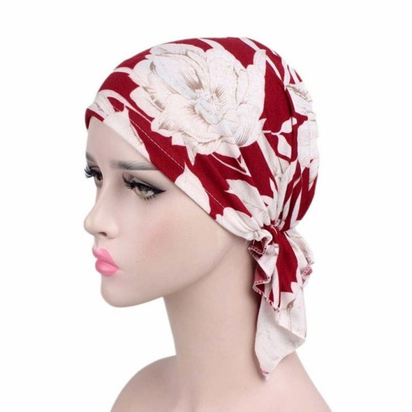 2 PCS Stretch Cotton Printed Turban Cap Chemotherapy Cap Toe Cap, Size:One Size(Big  Flower On Red)