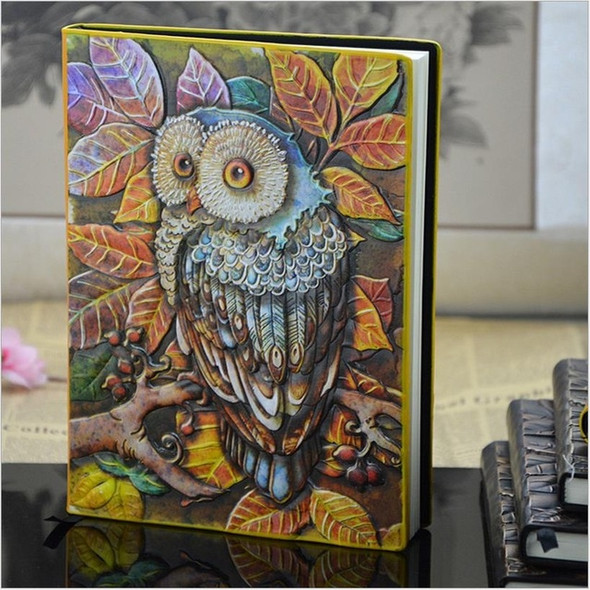 01663 Vintage Thick Handmade Leather Carving Owl Sketchbook Journal Cute Notebook(Full Colors)