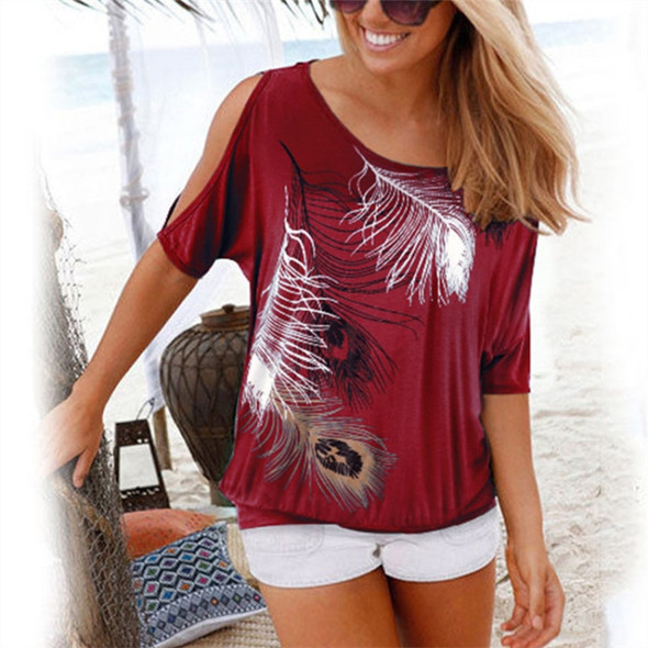 Casual Short Sleeve Tops Tees Sexy Off Shoulder Feather Print O-neck Loose Shirts for Women, Size:M(Wine Red)