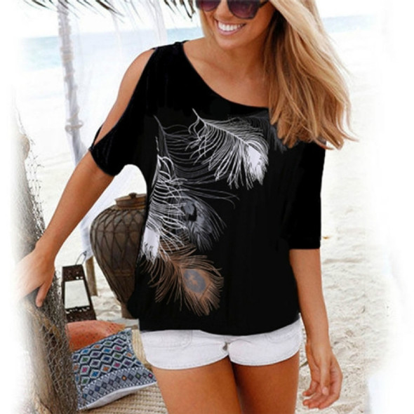 Casual Short Sleeve Tops Tees Sexy Off Shoulder Feather Print O-neck Loose Shirts for Women, Size:XXL(Black)