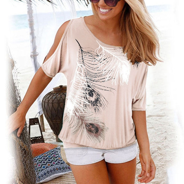 Casual Short Sleeve Tops Tees Sexy Off Shoulder Feather Print O-neck Loose Shirts for Women, Size:XL(Beige)