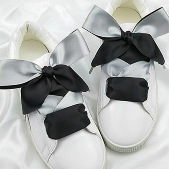 Double Color Satin Shoelaces Metal Head Bowknot Sneaker Sport Shoes White Shoes Laces, Length:80cm(Black+Grey)