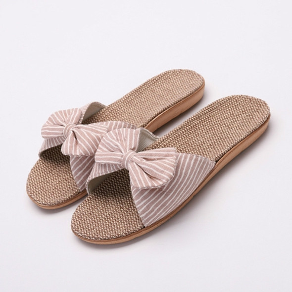 Women Open Toe Linen Striped Home Indoor Slippers, Size:35-36(Beige)