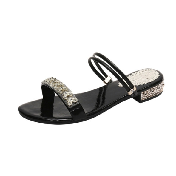 Woman Low Heel Rhinestone Sandals, Shoe Size:38(Black)
