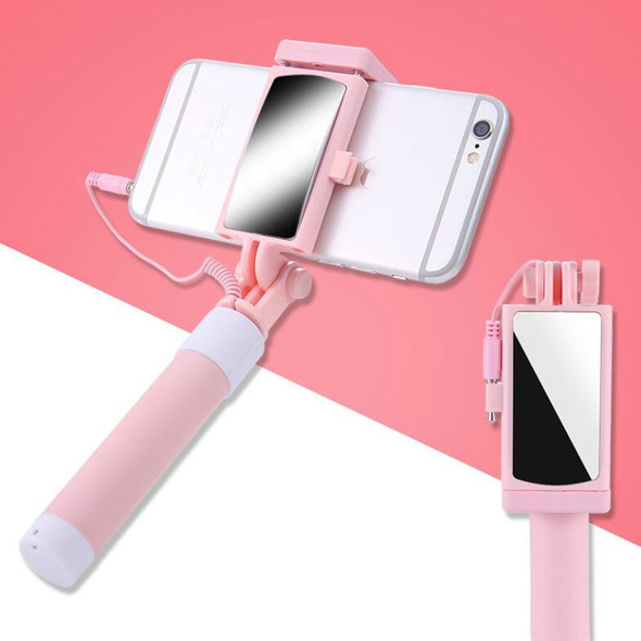 Mini Stainless Steel Folding Remote Control Selfie Stick with Rearview Mirror(Pink)