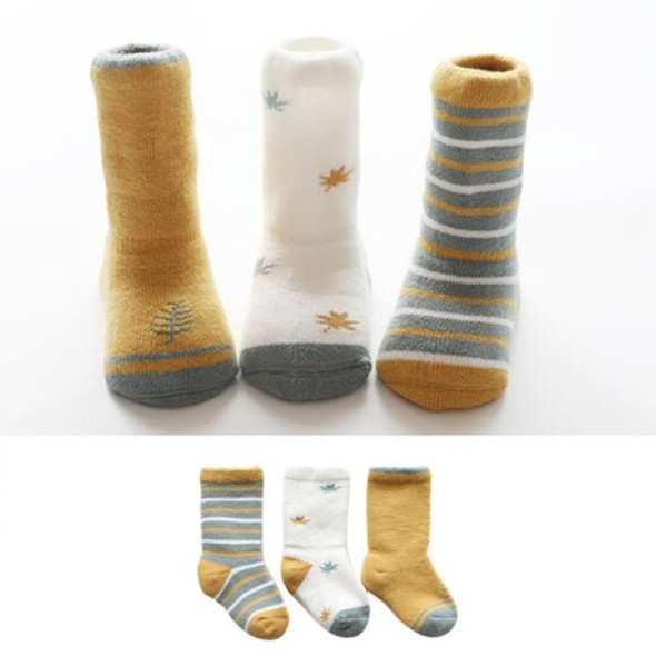 3 Pairs Newborn Boys and Girls Baby Tube Cotton Thickening Terry Socks, Size:L(Maple leaf)