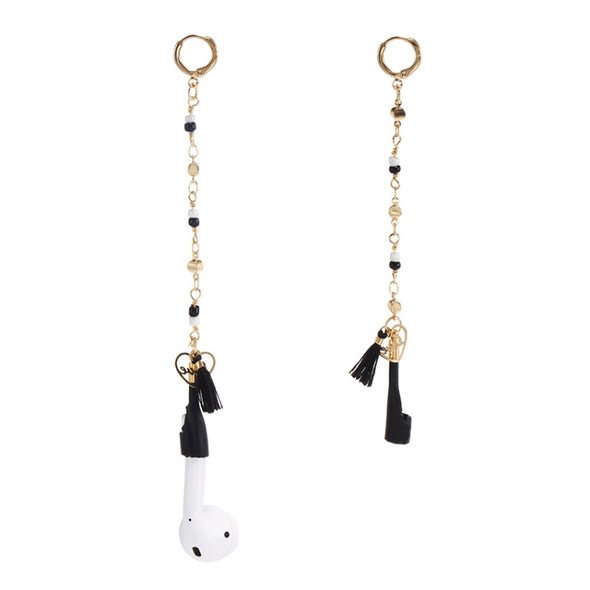 2 PCS Bluetooth Headset Anti-lost Rice Beads Chain Black Tassel Earrings For AirPods