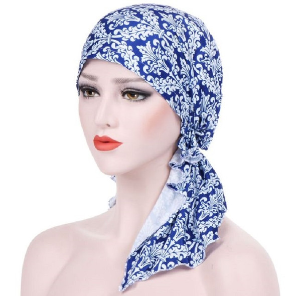 Stretch Printed Turban Big Tail Hat Flower Cloth Curved Turban Hat, Size:M 56-58cm(Small Floral Blue)