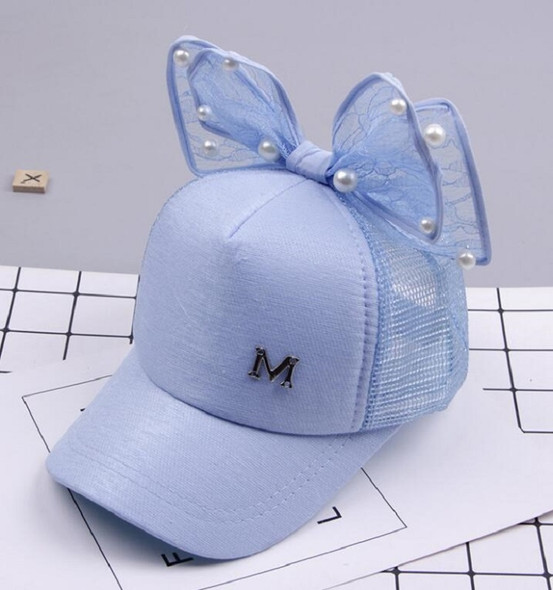 Spring Girls Pearl Lace Bow Decoration Hat Sun Hat, Size:Children 51-54cm(Mesh Cap Light Blue)