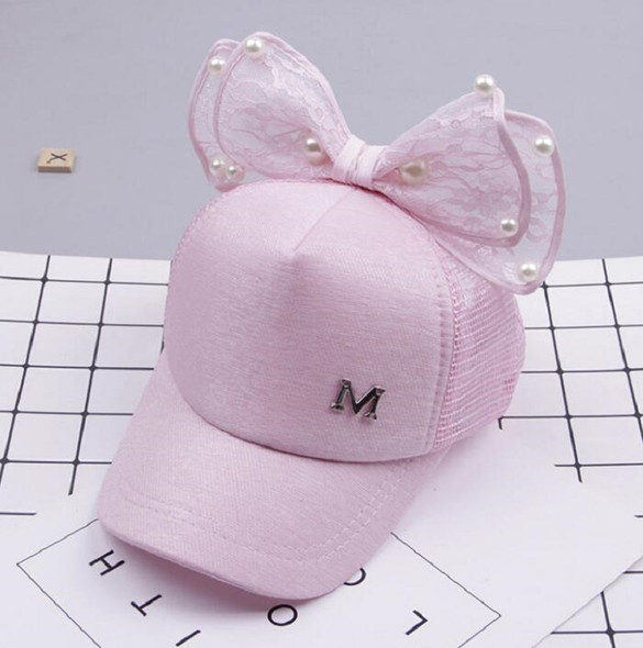 Spring Girls Pearl Lace Bow Decoration Hat Sun Hat, Size:Children 51-54cm(Mesh Cap Light Pink)