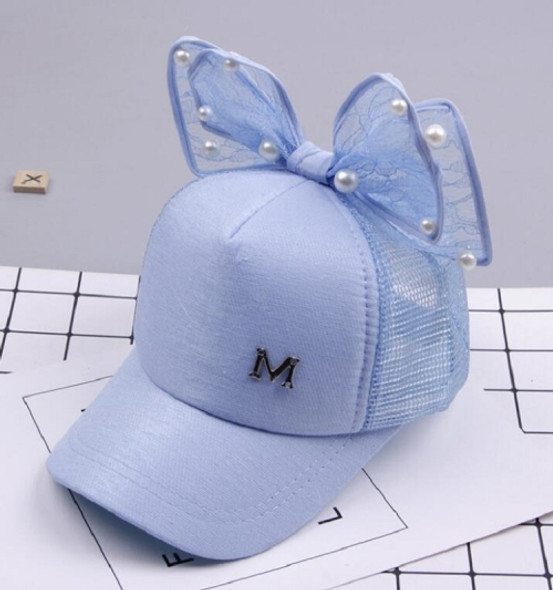 Spring Girls Pearl Lace Bow Decoration Hat Sun Hat, Size:Adults 54-60cm(Mesh Cap Light Blue)