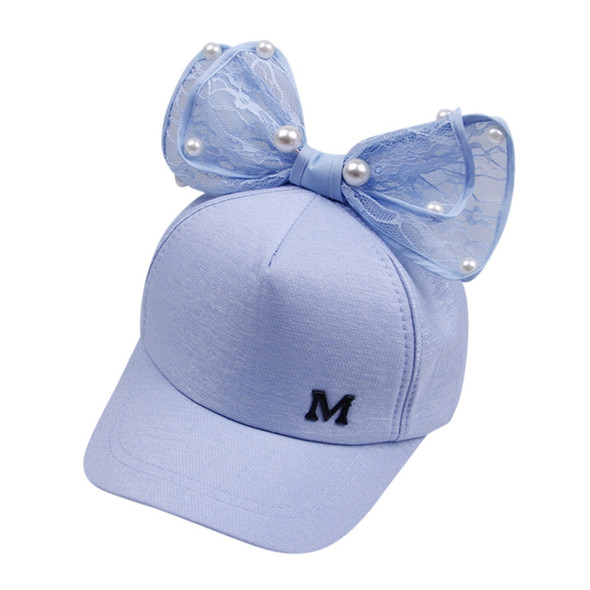 Spring Girls Pearl Lace Bow Decoration Hat Sun Hat, Size:Children 51-54cm(Cloth Light Blue)