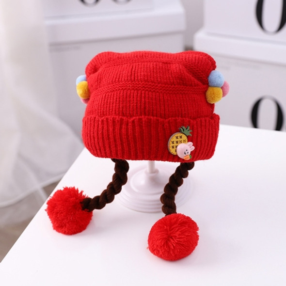 MZ9932 Cartoon Three-dimensional Pineapple Rabbit Autumn and Winter Baby Hat Cotton Warm Knitted Woolen Hat with Double Braid, Size: Free Size(Red)