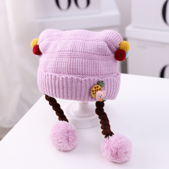 MZ9932 Cartoon Three-dimensional Pineapple Rabbit Autumn and Winter Baby Hat Cotton Warm Knitted Woolen Hat with Double Braid, Size: Free Size(Light Purple)