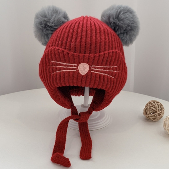 MZ9849 Double Fur Ball Cat Pattern Garib Baby Knitted Hat Children Winter Warm Woolen Hat, Size: Suitable for Baby 3-24 Months Old(Wine Red)