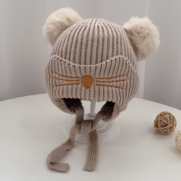 MZ9849 Double Fur Ball Cat Pattern Garib Baby Knitted Hat Children Winter Warm Woolen Hat, Size: Suitable for Baby 3-24 Months Old(Beige Gray)
