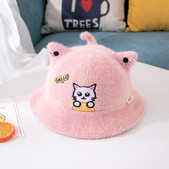 C0120 Autumn and Winter Cartoon Cat Embroidery Pattern Baby Fisherman Hat Baby Hat, Size: Suitable for Children Aged 1-3(Pink)