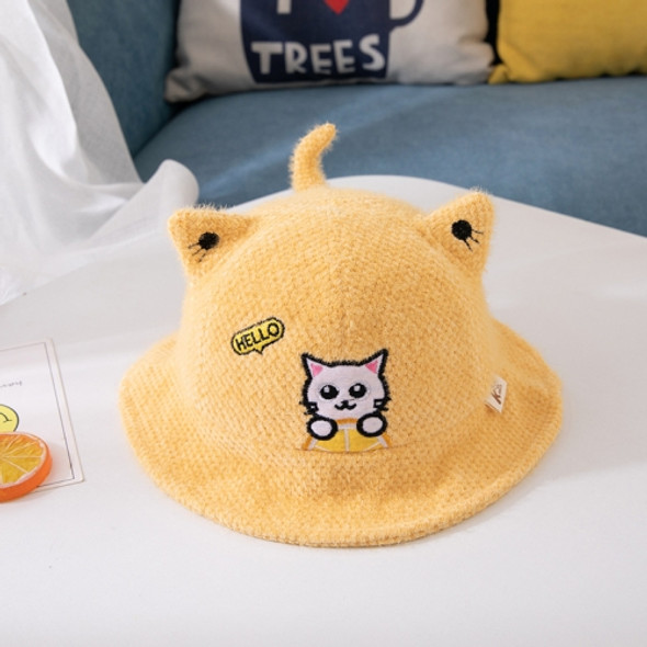 C0120 Autumn and Winter Cartoon Cat Embroidery Pattern Baby Fisherman Hat Baby Hat, Size: Suitable for Children Aged 1-3(Yellow)