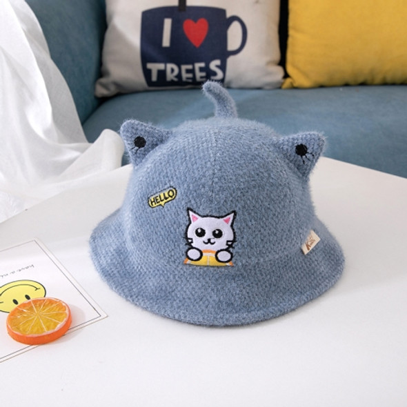 C0120 Autumn and Winter Cartoon Cat Embroidery Pattern Baby Fisherman Hat Baby Hat, Size: Suitable for Children Aged 1-3(Blue)