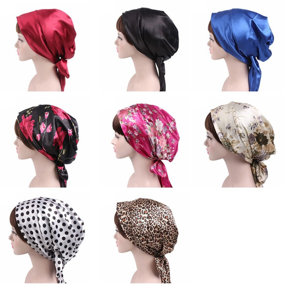 2 PCS TJM-226 Ladies Satin Print Ribbon Bow Turban Hat Night Cap Silk Chemotherapy Hat Long Tail Braid Hat(Rose Red Flower)