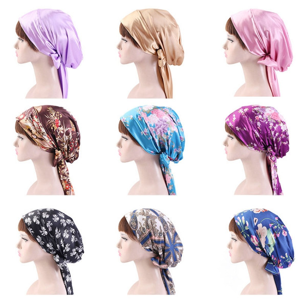 2 PCS TJM-226 Ladies Satin Print Ribbon Bow Turban Hat Night Cap Silk Chemotherapy Hat Long Tail Braid Hat(Light Purple)