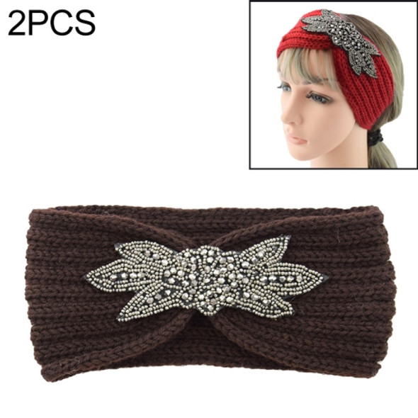 2 PCS Diamond Six-leaf Gem Knitting Wool Hair Band Sports Manual Head Warm Hair Band(Coffee)