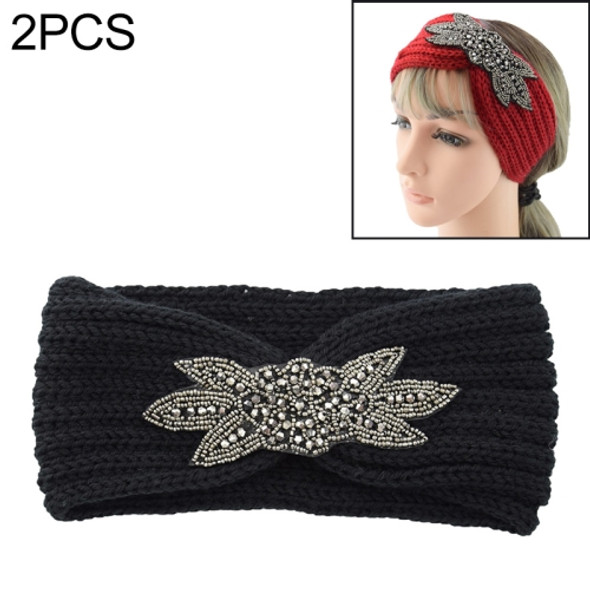 2 PCS Diamond Six-leaf Gem Knitting Wool Hair Band Sports Manual Head Warm Hair Band(black)