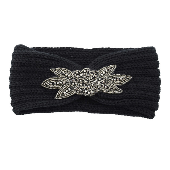 2 PCS Diamond Six-leaf Gem Knitting Wool Hair Band Sports Manual Head Warm Hair Band(black)
