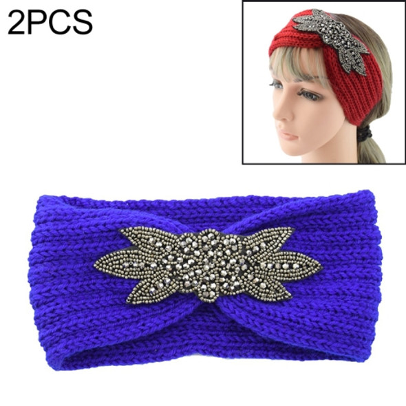 2 PCS Diamond Six-leaf Gem Knitting Wool Hair Band Sports Manual Head Warm Hair Band(Sapphire blue)
