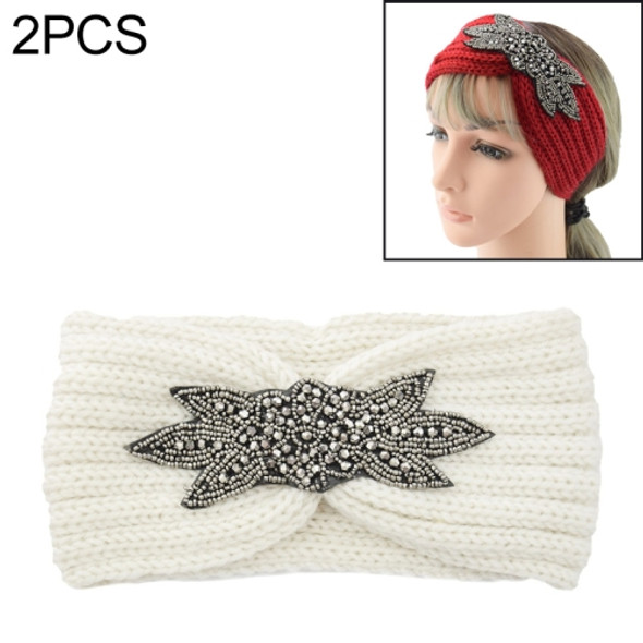 2 PCS Diamond Six-leaf Gem Knitting Wool Hair Band Sports Manual Head Warm Hair Band(Off-white)