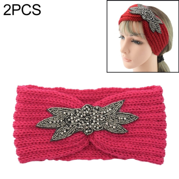 2 PCS Diamond Six-leaf Gem Knitting Wool Hair Band Sports Manual Head Warm Hair Band(Magenta)