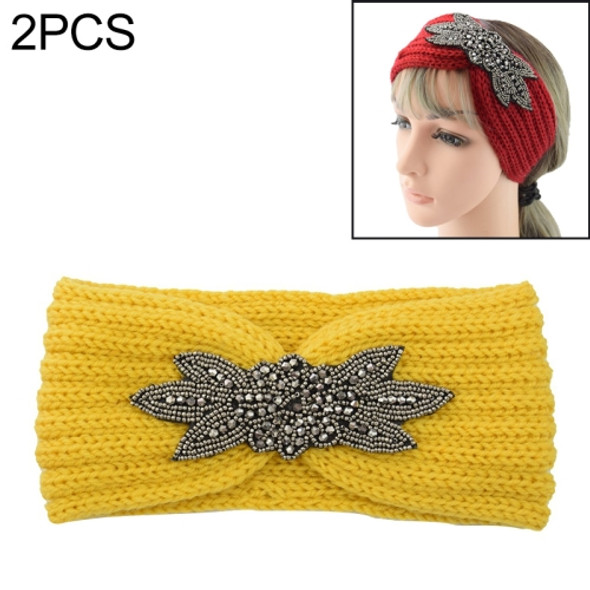 2 PCS Diamond Six-leaf Gem Knitting Wool Hair Band Sports Manual Head Warm Hair Band(Yellow)