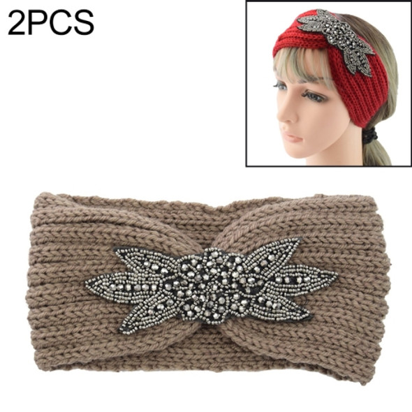 2 PCS Diamond Six-leaf Gem Knitting Wool Hair Band Sports Manual Head Warm Hair Band(Khaki)