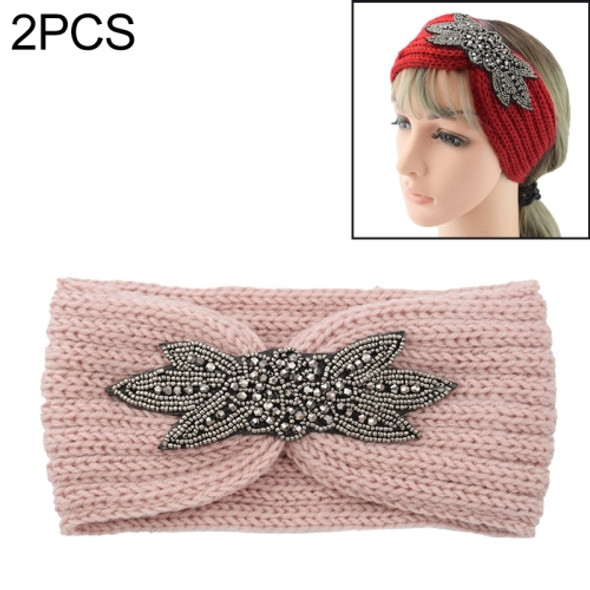 2 PCS Diamond Six-leaf Gem Knitting Wool Hair Band Sports Manual Head Warm Hair Band(Beige pink)