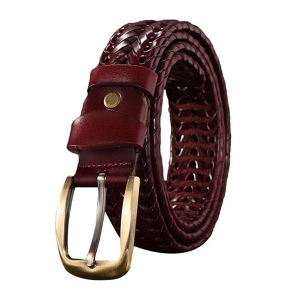 Wide Edition Hand Woven Lacquered Genuine Leather Waistband for Men, Belt Length:110cm(Wine Red)