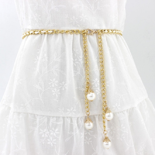 Women Pearl-embellished Thin Metal Waist Chain Belt, Length:135cm(White)