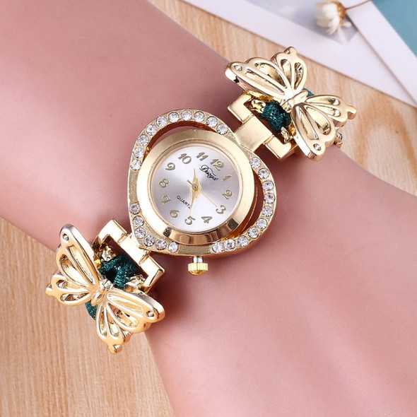 Women Heart Shaped Dial Diamond Stainless Steel Butterfly Bracelet Watch(Green)