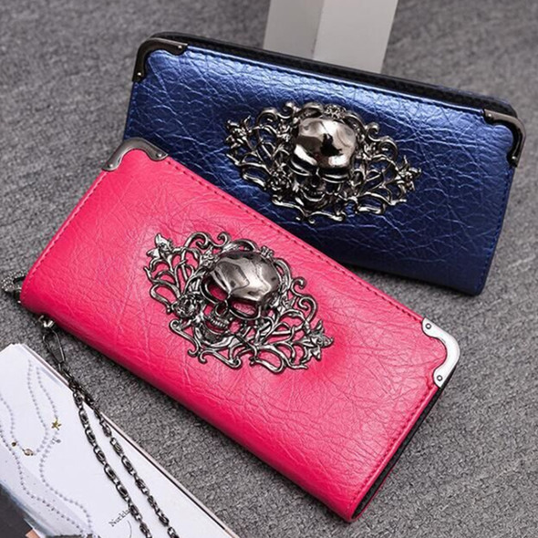 PU Leather Wallet Long Zipper Closed Wallets Skull Flower Lady Purses(Rose Red)