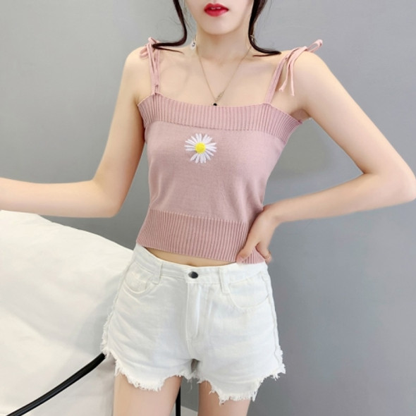 Knitted Camisole With Embroidered Slim Fit And Short Navel Top (Color:Pink Size:Free Size)