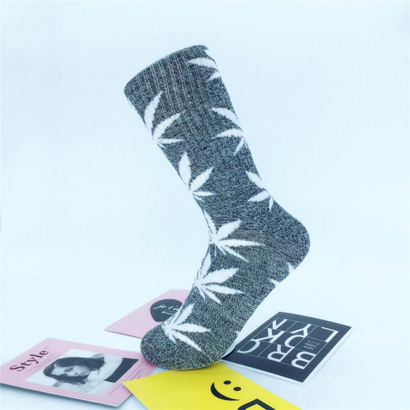 3 Pairs High Tube Hemp Leaves Female Men Trend Wild Maple Leaf Students Cotton European and American Style Socks(Gray and White)
