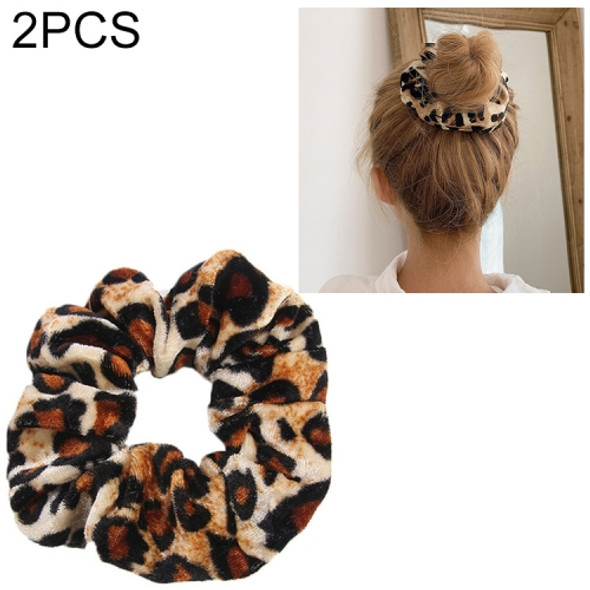 2 PCS Velvet Leopard Hair Ring Gold Velvet Headband Flannel Hair Band Hairball Hair Pocket Flower(Leopard Print)