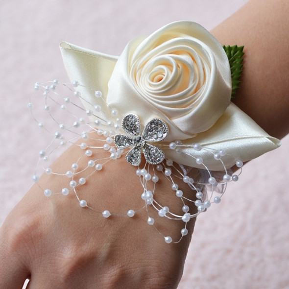 Handmade Wedding Bride Wrist Flower Boutonniere Bouquet Corsage Diamond Satin Rose Flowers(White)