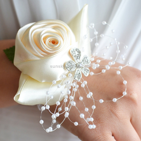 Handmade Wedding Bride Wrist Flower Boutonniere Bouquet Corsage Diamond Satin Rose Flowers(White)