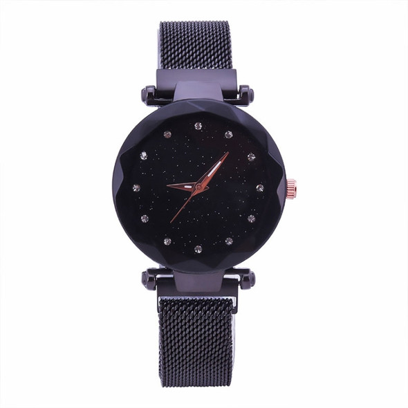 Luxury Mesh Ladies Clock Magnet Buckle Starry Diamond Geometric Quartz Wristwatch Women Watches(Black)
