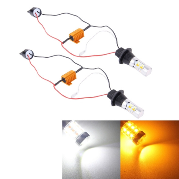 2 PCS T20/7440 10W 1000LM 6000K White + Yellow Light DRL&Turn Light with 20 SMD-5730-LED Lamps，DC 12-24V