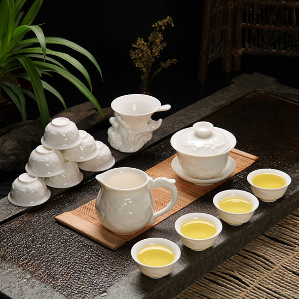 Ceramics Kung Fu Teaware Teapot Teacup Set(Embossed Jade Dragon)