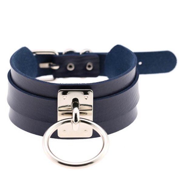 European and American Harajuku PU Leather Silver Single Ring Collar Wide Street-Snap Nightclub O-shaped Choker Necklace(Dark Blue)